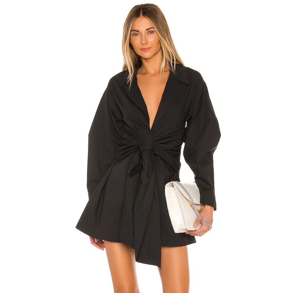 L'Academie The Draya Mini Dress Womens Medium Black Cotton Poplin Tie Detail